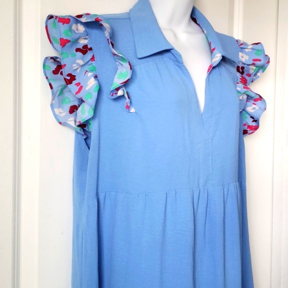 Umgee Tiered Dress Printed Flutter Sleeves V Neck Collar Midi Blue XL - Picture 6 of 11